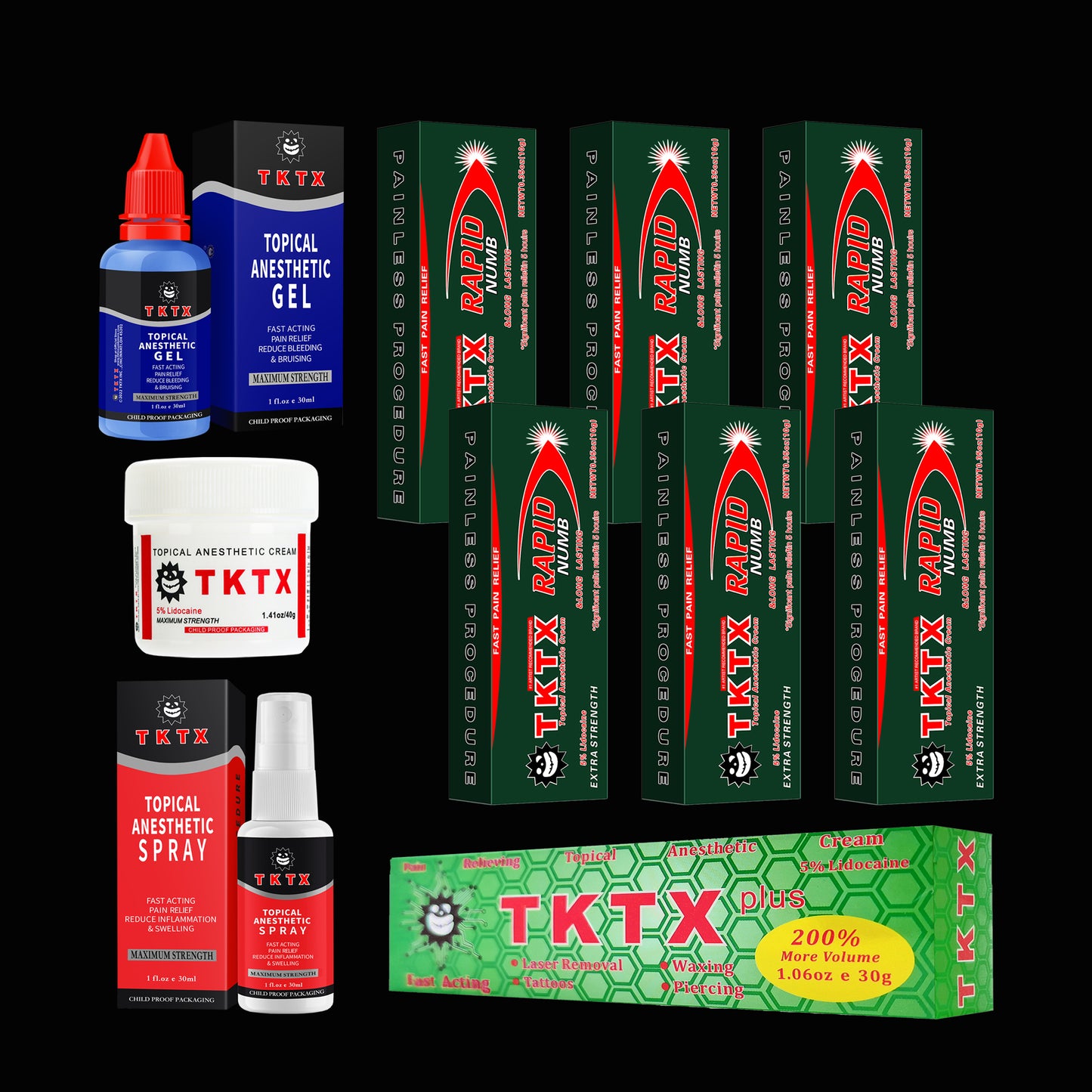 TKTX Star Kit 6 Pieces TKTX Rapid & Long Lasting 0.35oz/pcs & 1 Piece TKTX Gel 1.0 fl.oz/pcs & 1 Piece TKTX Spray 1.0 fl.oz/pcs & 1 Piece TKTX Tub 1.41oz/pcs & 1 Piece TKTX Plus 200% More Volume 1.06oz/pcs