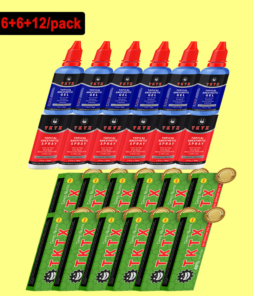 6 Pieces TKTX Gel 1.0 fl.oz/pcs & 6 Pieces TKTX Spray 1.0 fl.oz/pcs & 12 Pieces Green 40% TKTX  0.35oz/pcs